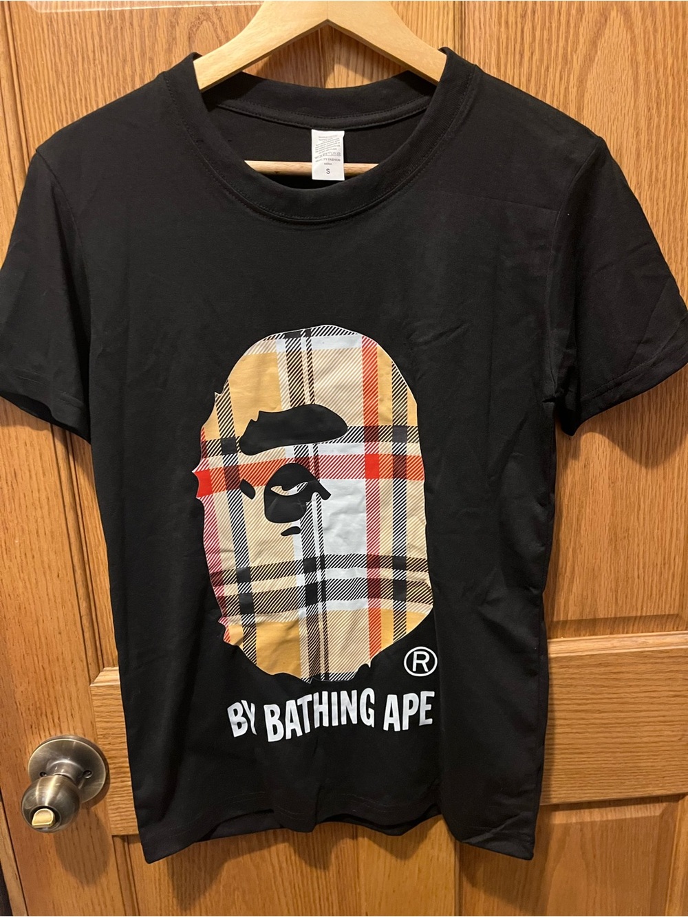 Bape Black Tee with Plaid Ape Head Graphic